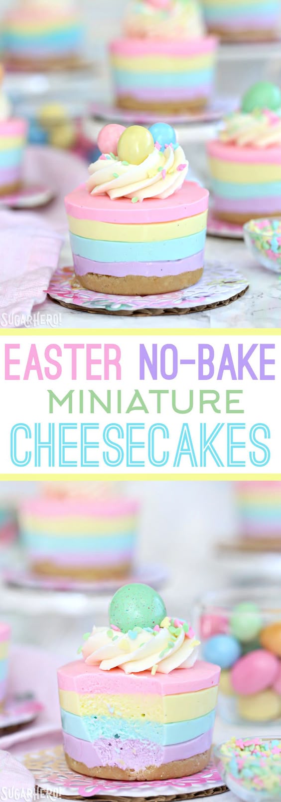 Easter No-Bake Mini Cheesecakes - pastel striped cheesecakes that are super easy, no baking required! | From SugarHero.com