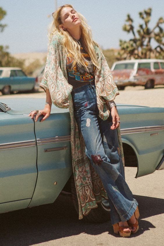 Boho Maxi Kimono Turquoise Tan Floral "Blossom" One Size Full Length Summer Night Wrap Thin Breezy Bohemian Chic