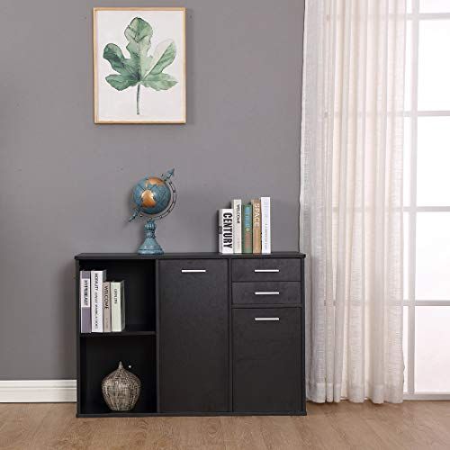 Bizzoelife Wood File Cabinet Large Modern Lateral Office Filing Cabinet with 2-Drawers and 3 Drawer Doors Black Printer Stand with Open Storage Shelves for Home Office