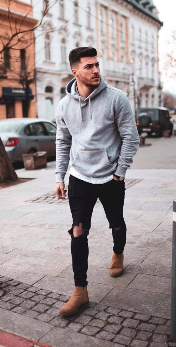 grey mens hoodie and black distressed denim establish a basic outfit for men ∞ #greyhoodie #mensjeans #basic #chelseaboots