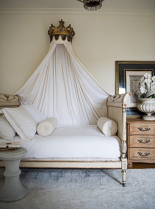 Classic French interior design decorating ideas and timeless design! Tara puts antique beds in just about every room - this Directoire piece, she says, is so enveloping, so sheltering, and so much fun to crawl into at the end of the day.
