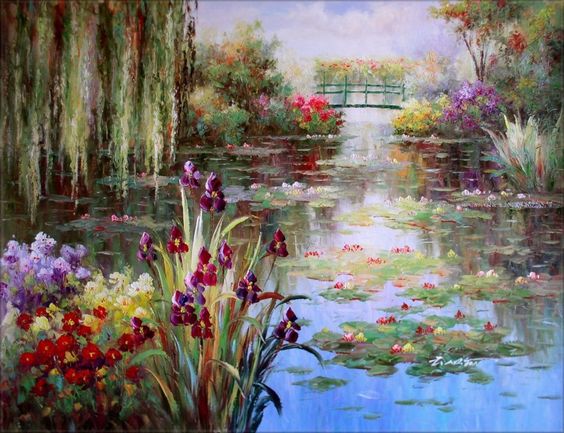 Claude Monet Colorful Water Lily Pond Repro 7, Hand Painted Oil Painting 36x48in