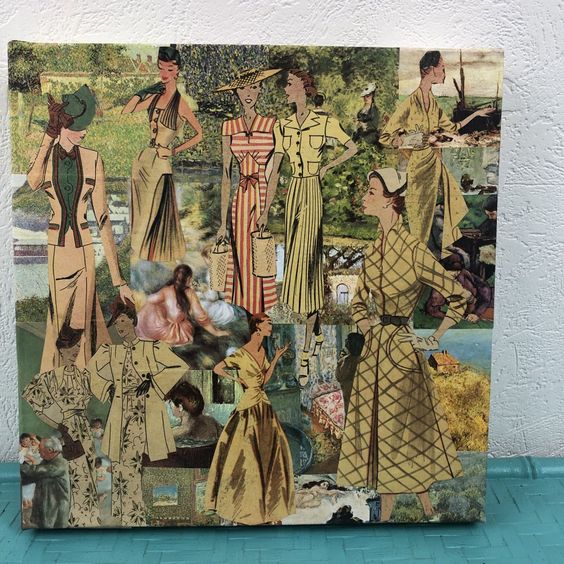 Tableaux collage carré toile tendue réf 1984 dimensions 29/29cm épaisseur 3.50cm couleur multicolore fait main modèle unique