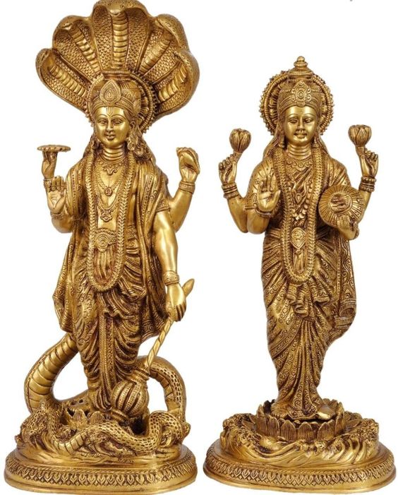 Brass, Vishnu Laxmi Brass Statue Dimensions Height: 43Centimetres; Width: 18 Centimetres; Depth: 13 Centimetres Description **What\'s Included** -Brass Lakshmi Idol -Brass Vishnu Idol **Product Description** When the demons and Gods did Samudra Manthan, 14 gems came out of the ocean. One of the 14 gems was Goddess Lakshmi. The moment Lakshmi came out, both demons and gods tried their best to win her. The first Lakshmi saw were some saints and rishis. They stood up and requested Lakshmi to come to
