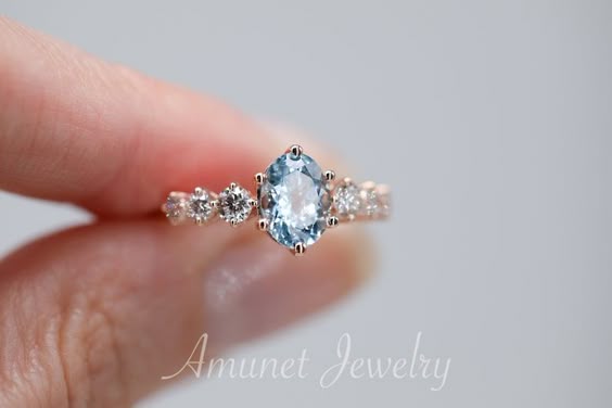 Oval Aquamarine Engagement Ring With White Diamonds Blue | Etsy Hong Kong
