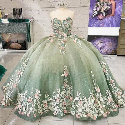 Light Green Quinceanera Dresses Sweet 16 Pageant 3D Floral Beaded Prom Ball Gown | eBay