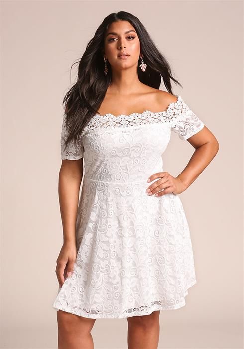 Plus Size Floral Lace Off Shoulder Flared Dress Plus Size Wedding Dresses With Sleeves Lace White Dress Lace Dress
