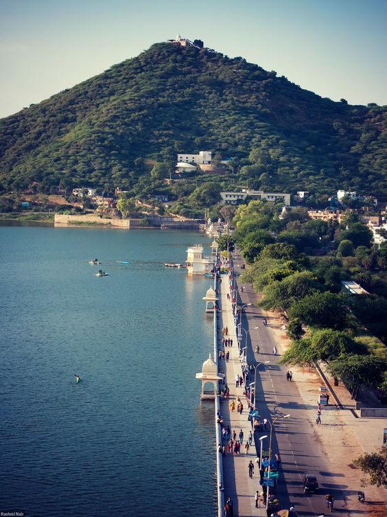 Fateh Sagar lake as seen from Moti Magri, Eklingji temple in the background on top of the hill.