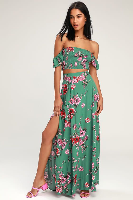 Green Floral Print Two-Piece Maxi Dress ...