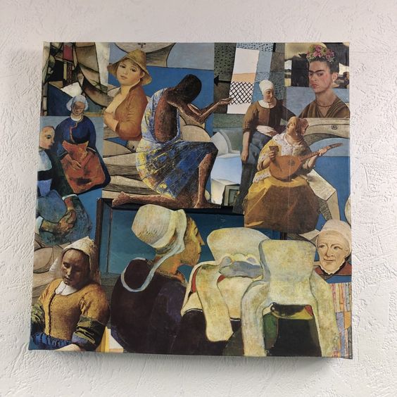 Tableaux carré collage toile tendue réf 1945 dimensions 29/29cm épaisseur 3.50cm couleur bleu/multicolore fait main modèle unique