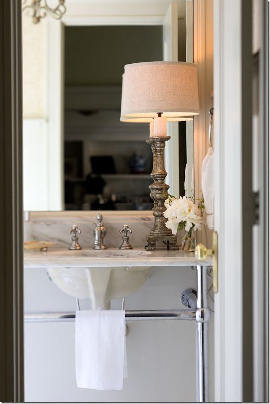 Style: industrial/vintage guest bath - Aidan Gray lamp. Like it on the vanity en lieu of overhead lighting. #aidangray #lamp #consolesink