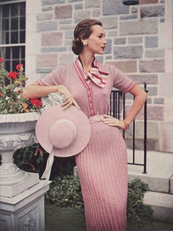 Pink & Red • 1950s Knitting Dress Shirtdress • 50s Vintage Engagement Vogue Pattern • Retro Women's