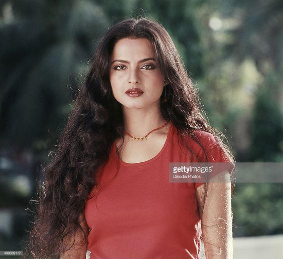 1987, Portrait of Indian film actress Rekha.