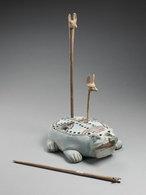 Game board in the form of hippopotamus and three-headed canine chips to play 58 holes. Siliceous faience inlaid glass and wood. Late Period, 664-332 BCE, Egypt © Musée du Louvre