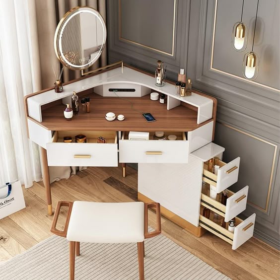 Makeup Vanity Table Set with LED Lighted Mirror, Cushioned Stool and USB Socket