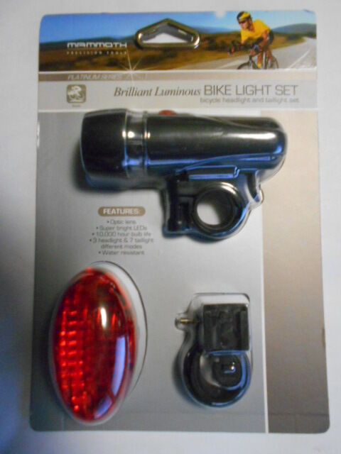 Mammoth Brilliant Luminous LED Bike Light Set Head /& Tail Light Water Resistant