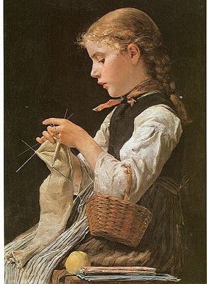 "Girl Knitting", 1884, by Albert Anker (Swiss, 1831-1910)