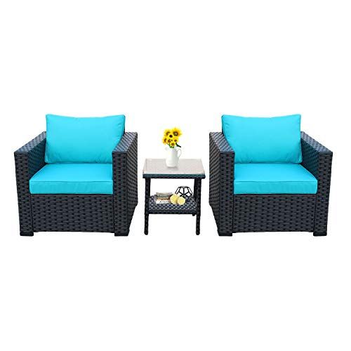 3 Piece Patio Wicker Conversation Furniture Set Outdoor Pe Rattan Single Chair Armchair Sofa And S Black Turquoise Cushions Pe Rattan Single Chair Armchair Sofa, Turquoise Wicker Outdoor Furniture