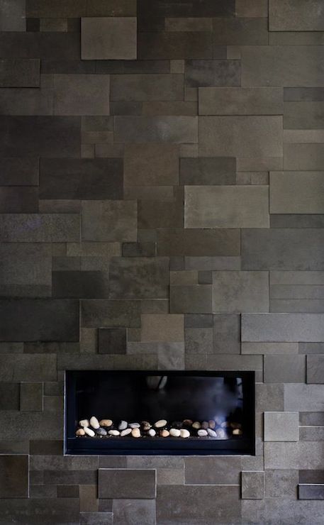 Suzie: Michael Abrams Limited - Sleek gray modern fireplace with slate tiles.---we could do this for the backsplash...it'd be a lot of cutting, but totally worth it.