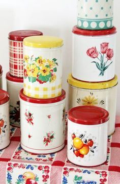 Colorful Vintage Kitchen Tins. I used to have lots of these, now I have one! Why, why, why?