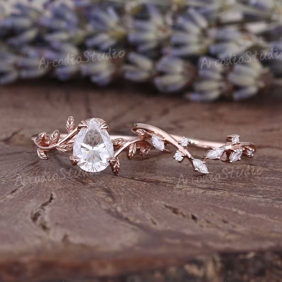 Vintage Pear Cut Moissanite Engagement Ring Set Natural Leaf | Etsy