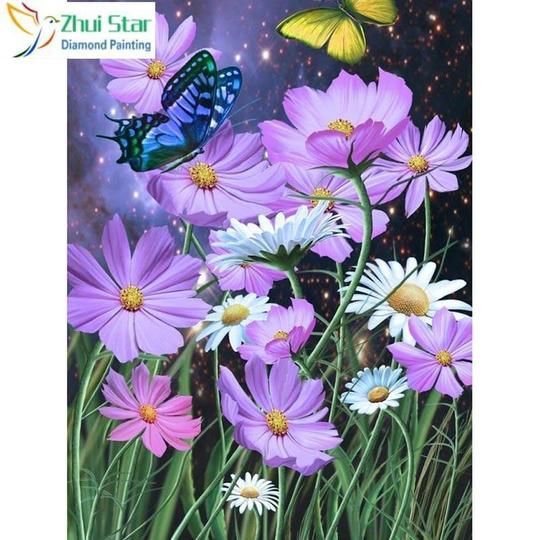 5D Full Diamond Painting DIY Embroidery Flower Lilac Daisies Cross Stitch Mosaic