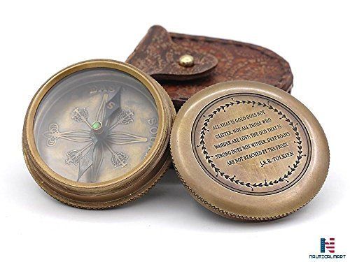 Antique Brass Pocket Compass Magnetic Nautical Camping Hiking with Leather Pouch
