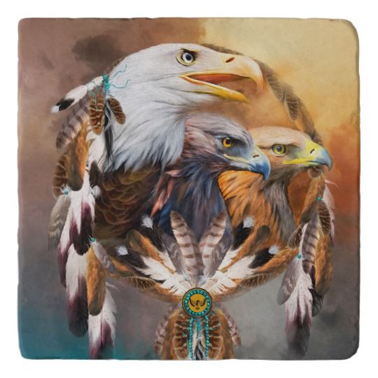 DREAMCATCHER WITH A PICTURE OF 3 EAGLES EAGLE INDIAN LARGE