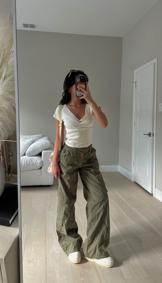 cargo pants outfit Khaki Cargo Pants with White Top