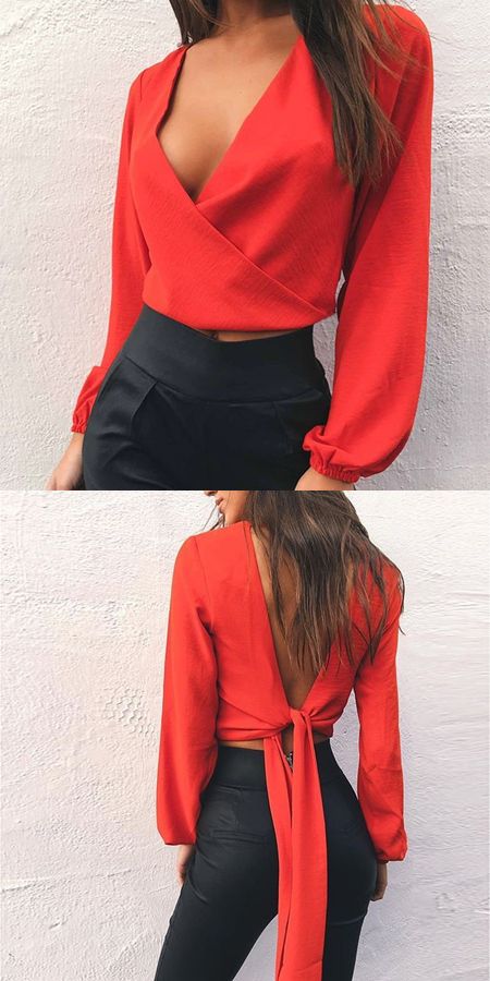 Red V-neck Bow Tie Detail Open Back Long Sleeve Blouse