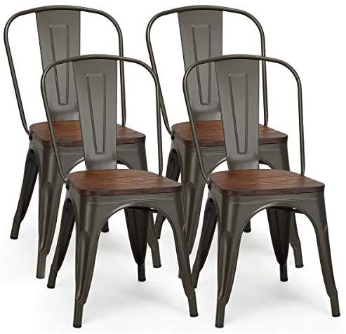 Com Costway 18 Inch Dining Chair Set Of 4 Industrial Vintage Stackable Metal Chairs Side Industrial Dining Chairs, Vintage Metal Kitchen Table And Chair Sets