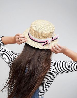 ASOS - Canotier en paille naturelle avec petits bords, nÅud à rayures et taille réglable