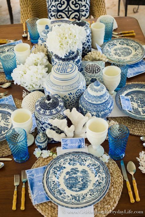 Al Fresco Luncheon In Blue And White, Summer Blue & White Tablescape, Blue & White with Coral, Nautical Blue & White table
