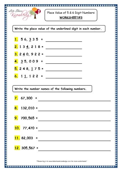 grade 4 maths resources 1 1 place value of 5 and 6 digit numbers printable worksheets place value worksheets math place value place values