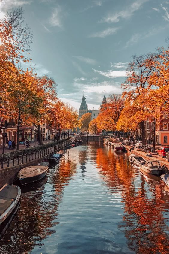 Amsterdam\'s pretty tree-lined canals get an autumnal makeover in the Netherlands. For more beautiful autumn photos from around the world visit: cntraveller.com/gallery/photos-of-autumn