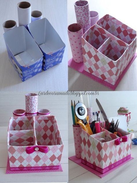 Organizador para escrivaninha feito com caixas de leite, rolos de papel de vários formatos e tecido.