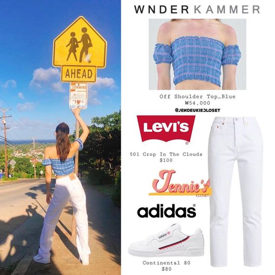 BLACKPINK JENNIE'S CLOSET on Instagram: “190909 - @jennierubyjane Insta Story update ⠀ ⠀ #JENNIE #제니 #BLACKPINK #블랙핑크 ⠀ #Wnderkammer • Off Shoulder Top_Blue #Levis • 501 Crop In…”