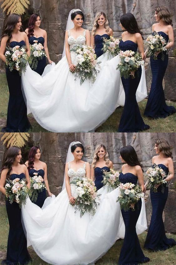 Gorgeous Strapless Navy Blue Mermaid Long Bridesmaid Dresses