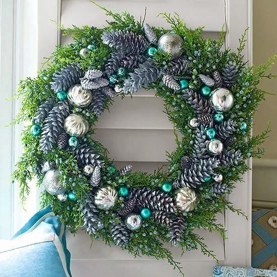Decoración De Navidad En Turquesa Guirnalda De Navidad Guirnaldas De Navidad Hechas A Mano Coronas Navideñas