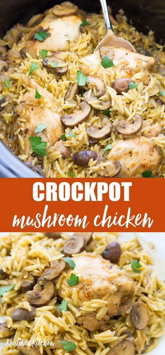 This Crockpot Chicken and Mushrooms is a delicious slow cooker recipe, made with chicken thighs, mushrooms and orzo pasta. One of the best healthy crock pot recipes for an easy weeknight dinner! #crockpot #slowcooker #chickenrecipes