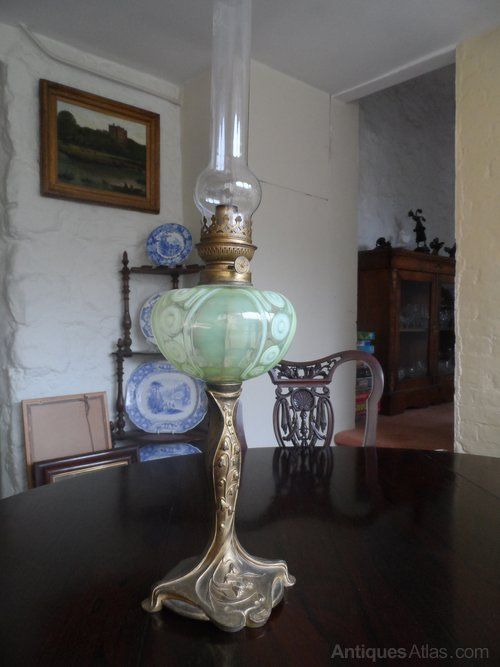 French Art Nouveau Vaseline Glass Oil Lamp Lamps Antique Light Fixtures French Art Nouveau Vaseline Glass Oil, Large Hurricane Lamp Vaseline Glass