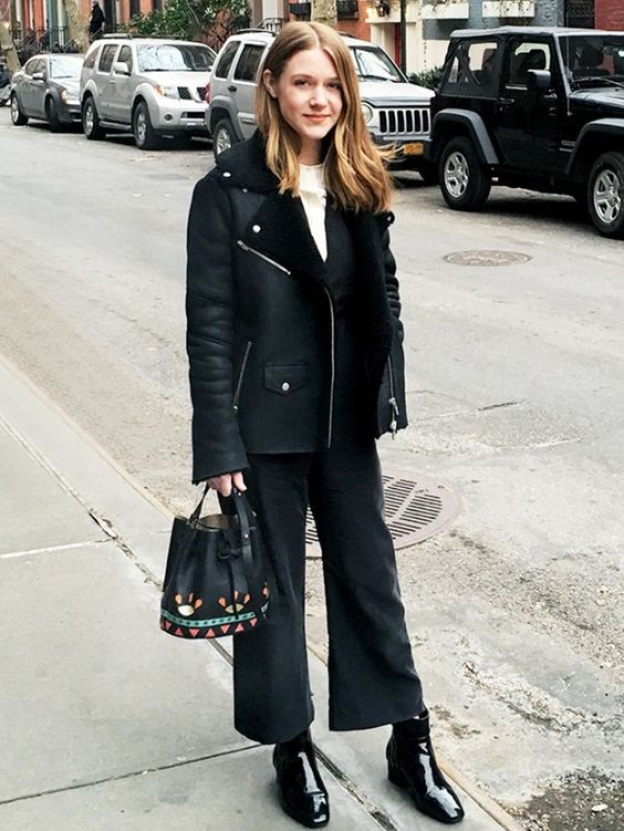 On style director Nicole Kliest: Veda jacket and jumpsuit; Tory Burch shirt; Les Petit Joueurs Daliah Bucket BagÃÂ ($950); vintage boots. "In search for warmth and a quick bite after Jason Wu!"