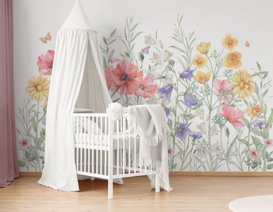 Watercolor Floral Repositionable Mural Wallpaper, Peel & Stick Fabric Wallpaper for Girl\'s Room or N