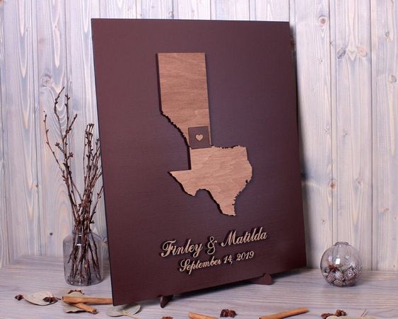 "Destination wedding guest book alternative ideas 3d state sign Love map Custom country wedding guestbook Wood wedding sign Aniversary gift This 3d wedding guestbook, a beautiful guest book alternative that is fun for you and your guest. Your guests sign the board and then you can actually put this wall art into a frame and hang it in your home to enjoy for years to come. You will always remember who shared in your wedding day with you and spouse. We are happy to customize the colors of the gues