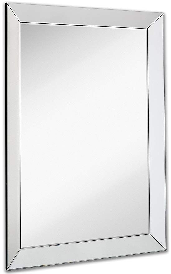Large Framed Wall Mirror With 3 Inch Angled Beveled Frame - 20 X 30 Mirrored Frame Large Framed Wall Mirror With 3 Inch Angled Beveled Frame - 20 X 30 Mirrored Frame