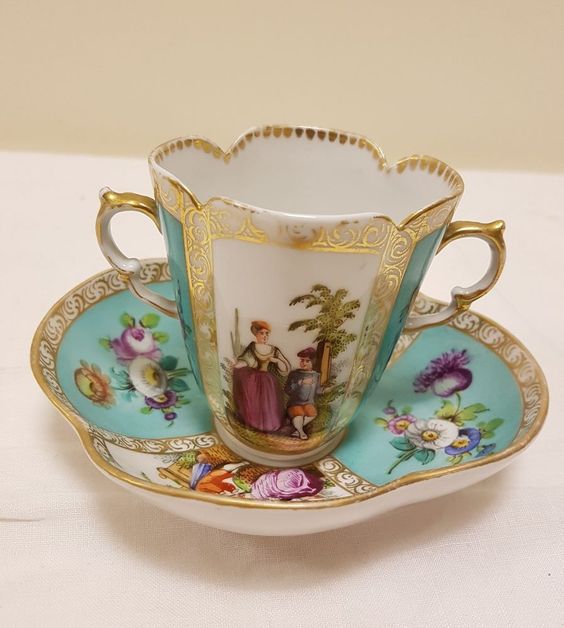 Augustus Rex - Helena Wolfsohn Antique Hand Painted Quatrefoil Porcelain Chocolate Cup & Saucer, Circa 1890 - Late 19th Century Cup & Saucer
