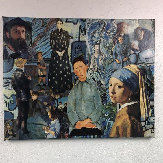 Tableaux collage toile tendue réf 1894 hauteur 40cm largeur 50cm couleur bleu/multicolore fait main modèle unique