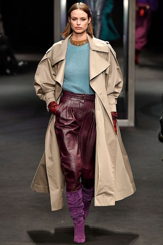 Autumn winter fashion trends 2018: Alberta Ferretti's slouchy purple boots tucked in leather trousers