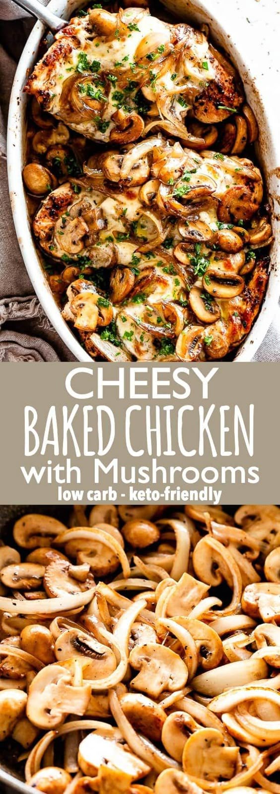 Cheesy Baked Chicken with Mushrooms - An easy recipe for baked chicken breasts covered in melty mozzarella cheese and layered with deliciously caramelized mushrooms. This effortless chicken dish is a great dinner for any night of the week. #bakedchicken #chickenrecipes #mushrooms #cheese #lowcarb #ketorecipes