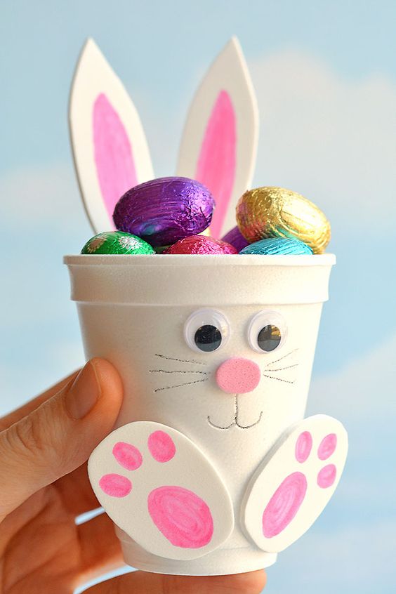 These foam cup bunnies are SO CUTE! I love how easy they are to make with simple craft supplies! Fill them with candy, chocolate eggs, pencil crayons, or even small toys. They take less than 10 minutes and make an awesome Easter treat idea! Make them as a decoration for the Easter table, or give them away as small Easter gifts. This is such a fun Easter craft for kids!